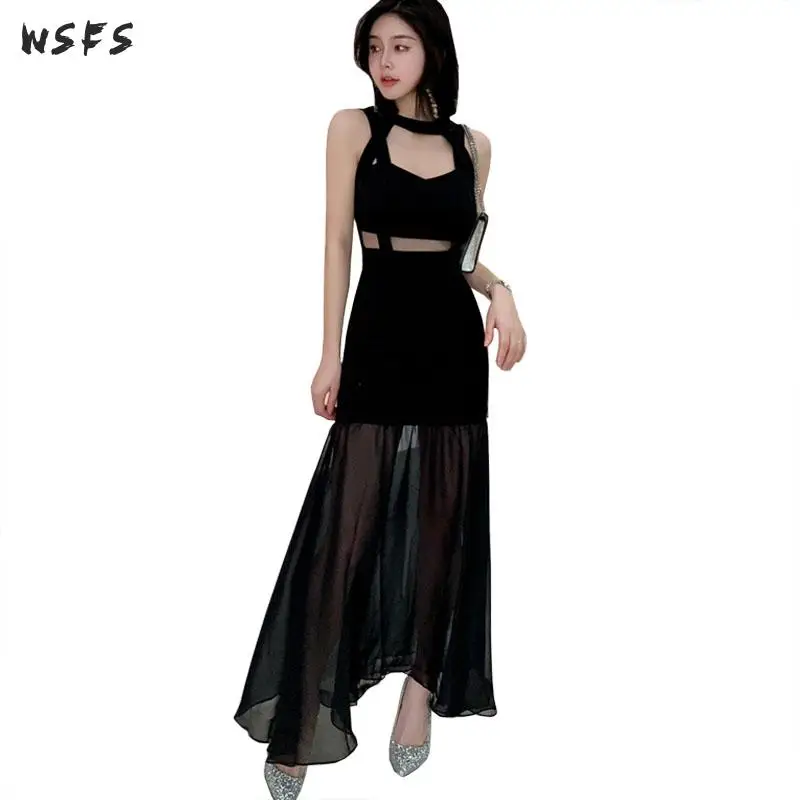 

Summer Chiffon Dresses Black Off Shoulder Hollow Out Womens Long Dress Ladies Club Bandage Sexy Party Midi Mermaid Wrap Dress