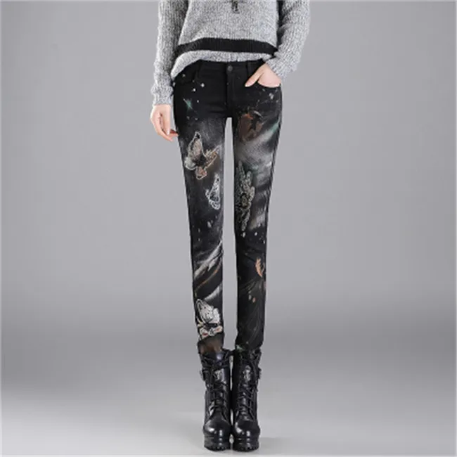 Черные джинсы для женщин, плюс размер, обтягивающие повседневные женские брюки-карандаш,, с бриллиантами, стразы, джинсы стрейч для женщин, WF129