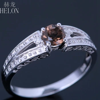

HELON Sterling Silver 925 Round Cut 4.5mm 100% Genuine Smokey Quartz Natural Diamonds Engagement Wedding Women Fine Jewelry Ring