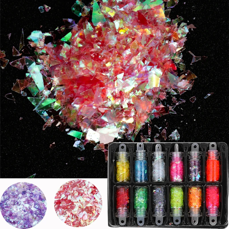 

12 Bottle Candy Glass Paper Nail Flakies Holograplic Irregular Nail Art Decoration 12 Color Fluorescent Green Blue Nail Glitter