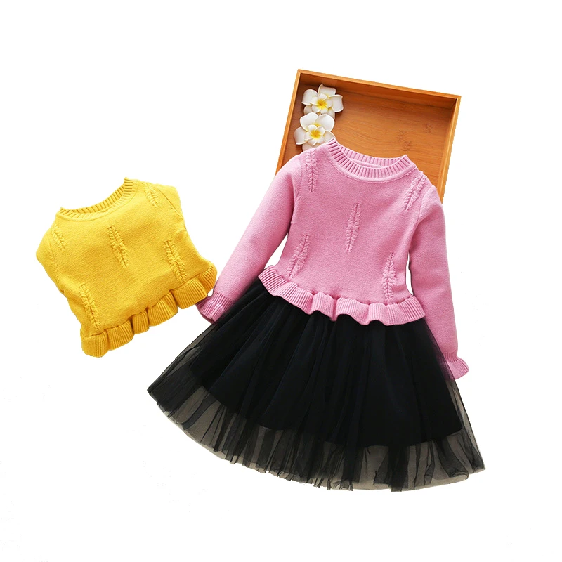 

sweater dress age for 3 - 10 yrs baby girls knit splicing tulle 2019 new spring party frocks for little girls princess costume