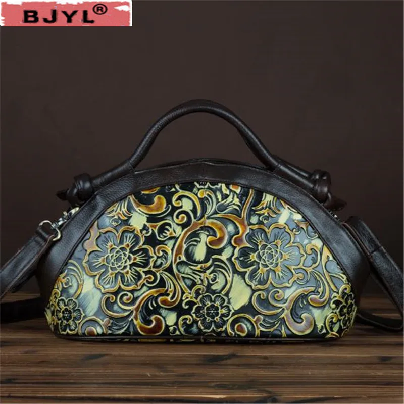 

BJYL Genuine leather Women handbags retro fashion shoulder messenger bag ladies embossed Crossbody Female original flowers bags