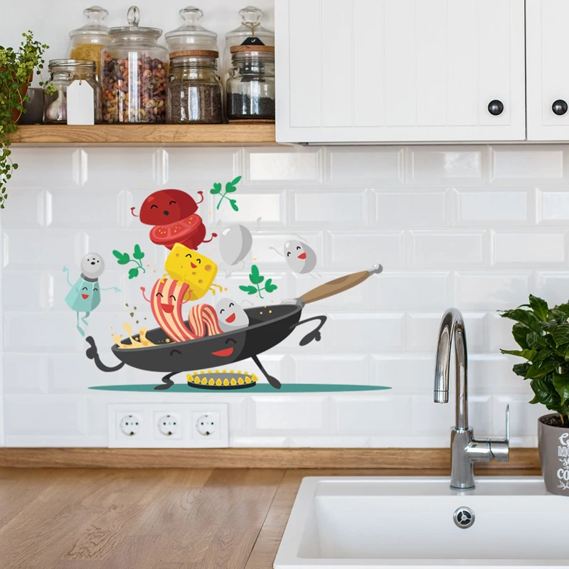

Cartoon Happy pan kitchen Wall Sticker for Kitchen fridge cupboard decoration art Decals Removable home stickers Mural wallpaper