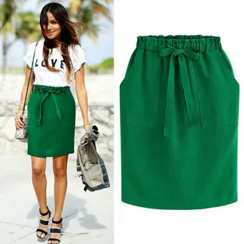 

Women Green Skirts 2019 Summer Elegant Midi Skirts Womens Office Pencil Skirt Cotton Elastic Waist Package Hip Skirt Bow Skirt