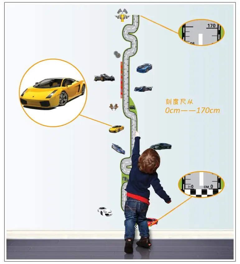 

Cartoon Car Race Track Wall Stickers For Kids Rooms Growth Chart Height Measure wall Decals Cartoon Poster Children home decor