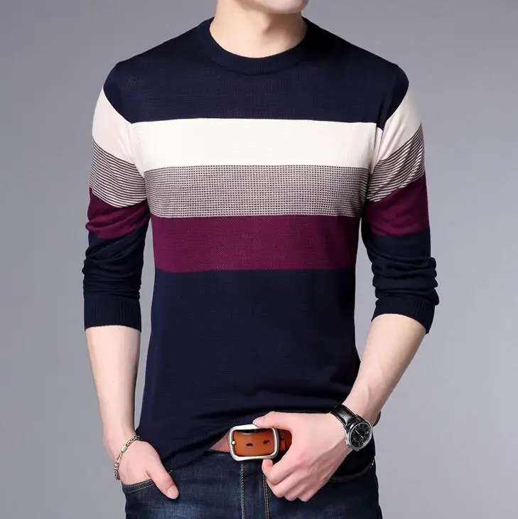 Весенне-осенний модный брендовый Повседневный свитер с круглым вырезом, облегающий вязаный мужской свитер и полосатые вязаные пуловеры для мужчин M-3XL - Цвет: K01