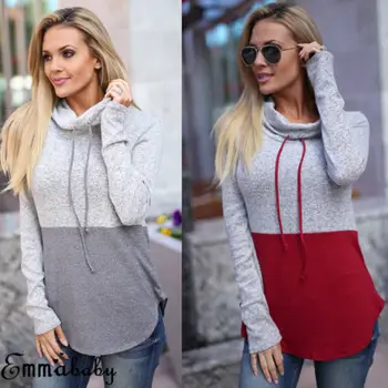 

Women Winter Autumn Hoodies Sweatshirt Turtleneck Patchwork Long Sleeve Autumn Jumper Pullover Tops
