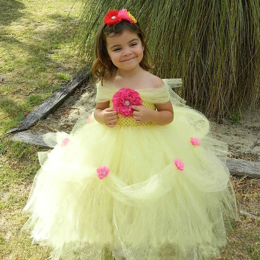 Yellow Princess Belle Tutu Dress The Beauty and the Beast Inspired Girls Birthday Party Dress Kids Photo Cosplay Costumes Vestidos (6)