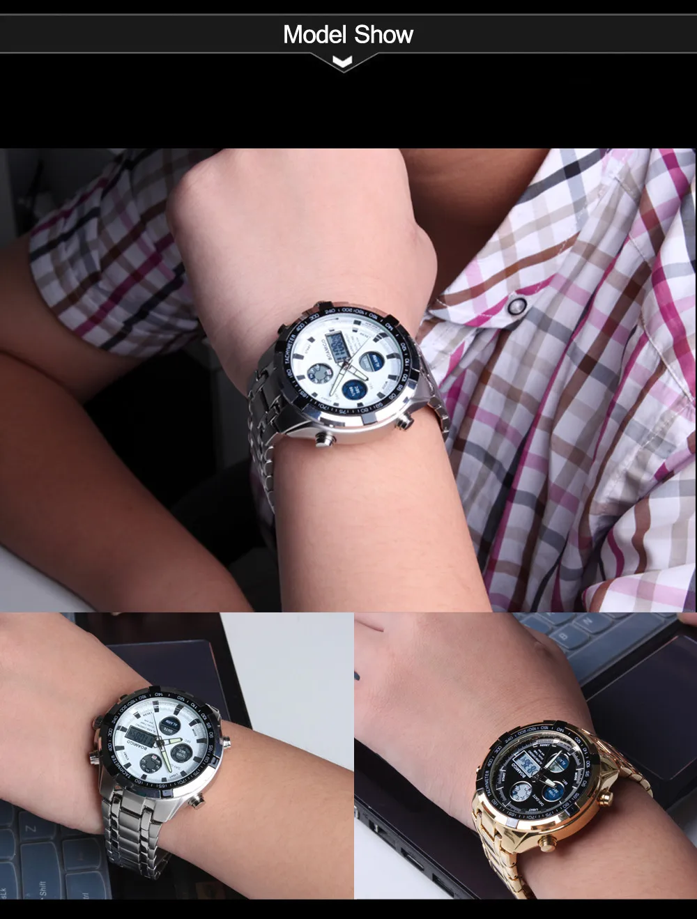 Мужские часы от роскошного бренда BOAMIGO, военные спортивные часы с двойным временем, кварцевые цифровые часы, светодиодный браслет из нержавеющей стали, наручные часы