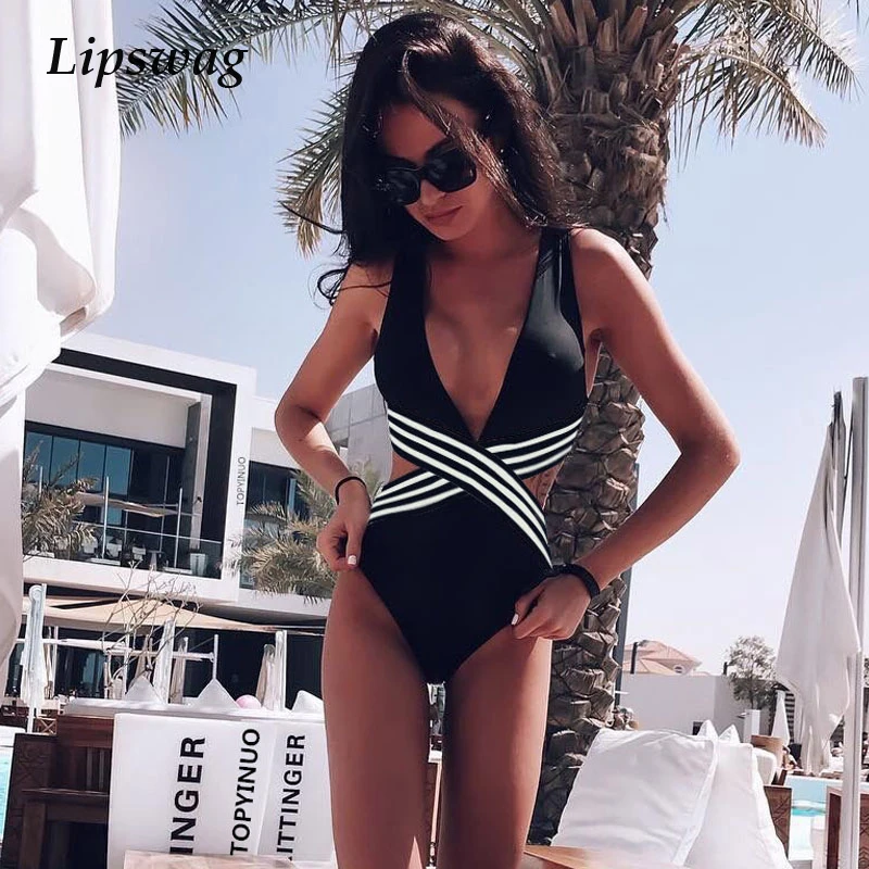 

Women deep v Cross One Piece Swimsuit Vintage Striped Patchwork Swimwear Bathing Suit Sexy Beach Wear Monokini Maillot De Bain