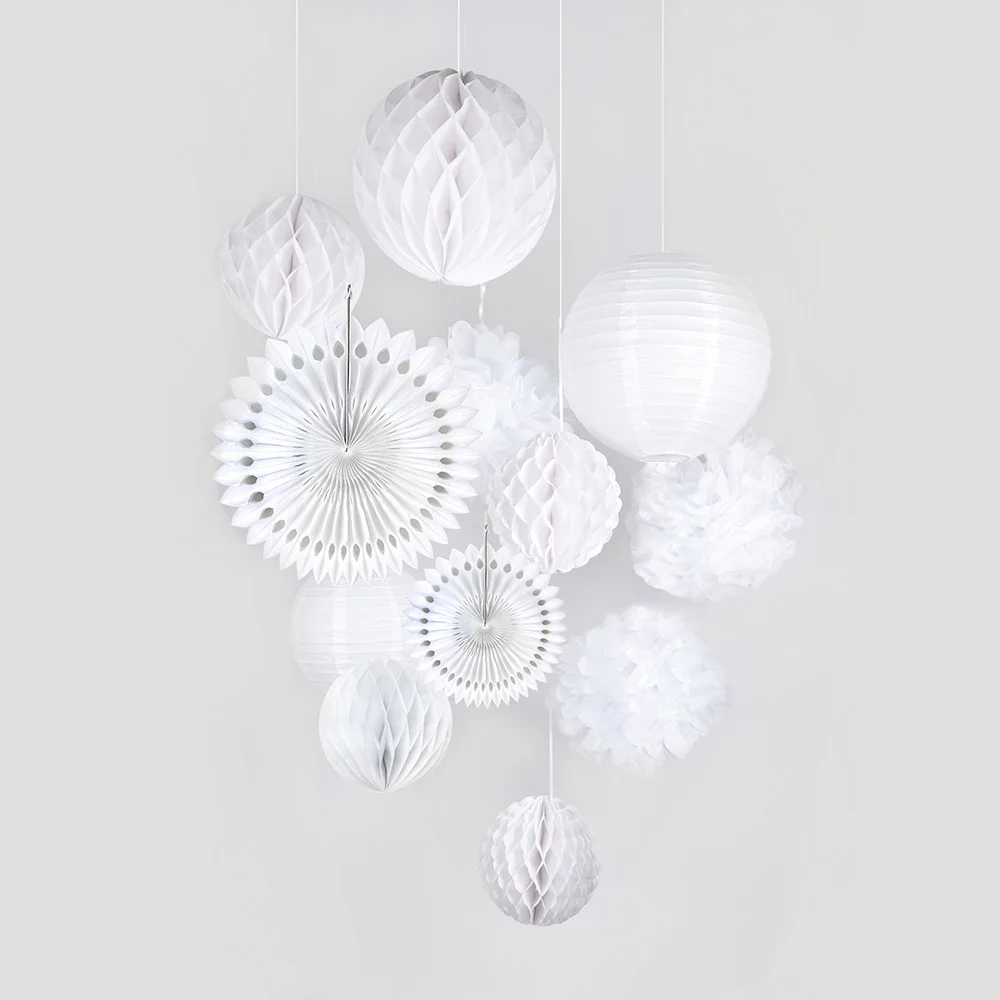 

White Wedding Decoration Set Paper Fans Lanterns Honeycomb Balls DIY Pom Pom Flower Elegant Baby Shower DecorDecorate