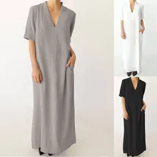 Женские повседневные платья размера плюс, свободные хлопковые платья с коротким рукавом и v-образным вырезом, женские платья макси#30