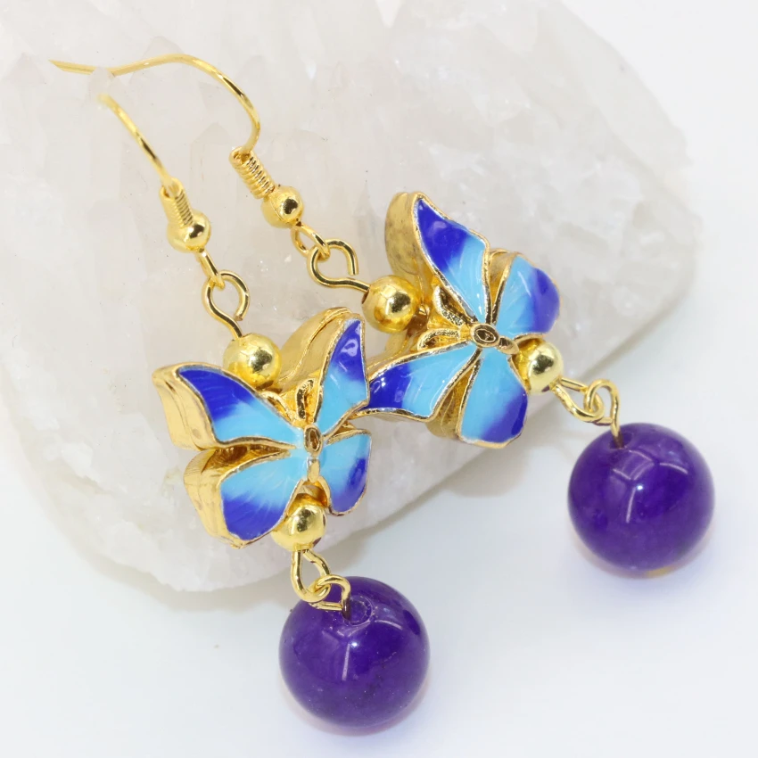 Factory outlet high grade gold-color butterfly cloisonne jade beads long dangle earrings for women romantic gifts jewelry B2633