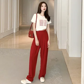 

Summer Korean Fashion Printed Letters Twinset Loose Crop Top 2 Set Woman Casual Fashion Red Wide Leg Pants Two Piece Set