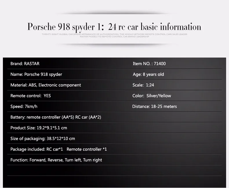 RASTAR Лицензия Дистанционное управление 1:24 Porsche 918 Spyder продвижение электронных Рождество игрушки 71400