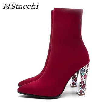 

MStacchi New Spring Fashion Shoes Woman Sexy High Heels 12CM Crystal Chunky Heels Zipper Red Ladies Ankle Boots Women Size 33-43