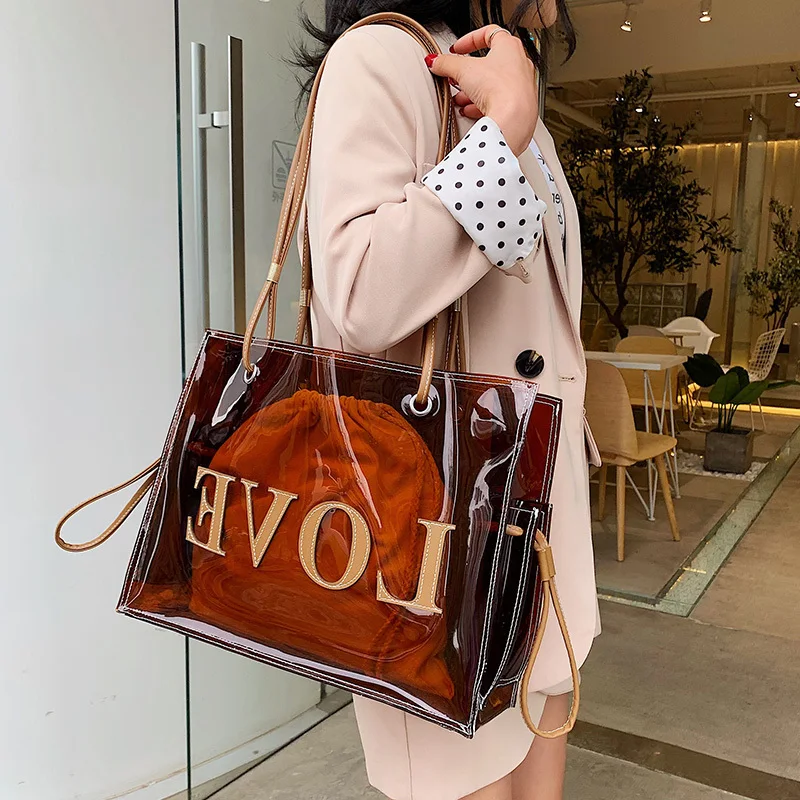 

Pvc Transparent Shoulder Bags For Women 2019 Summer Beach Big Totes Lady Travel Handbags With A Small Bag Large-capacity