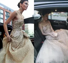 Luxus 2015 Pailletten Celebrity Kleider Roter Teppich Sexy Backless Trägerlosen A-linie Tüll Abendkleid Frauen Vestido De Festa