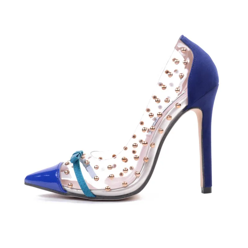 2018 new crystal heel Super heel shoes sexy Nightclub Rivet shoes Fine with a pointed toe Large code transparent pump