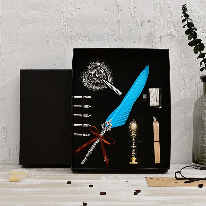 

Retro Calligraphy Feather Dip Pen Writing Ink Set 5 Nib Wedding Luxury Birthday Gift Quill Fountain Stationery Office Supply
