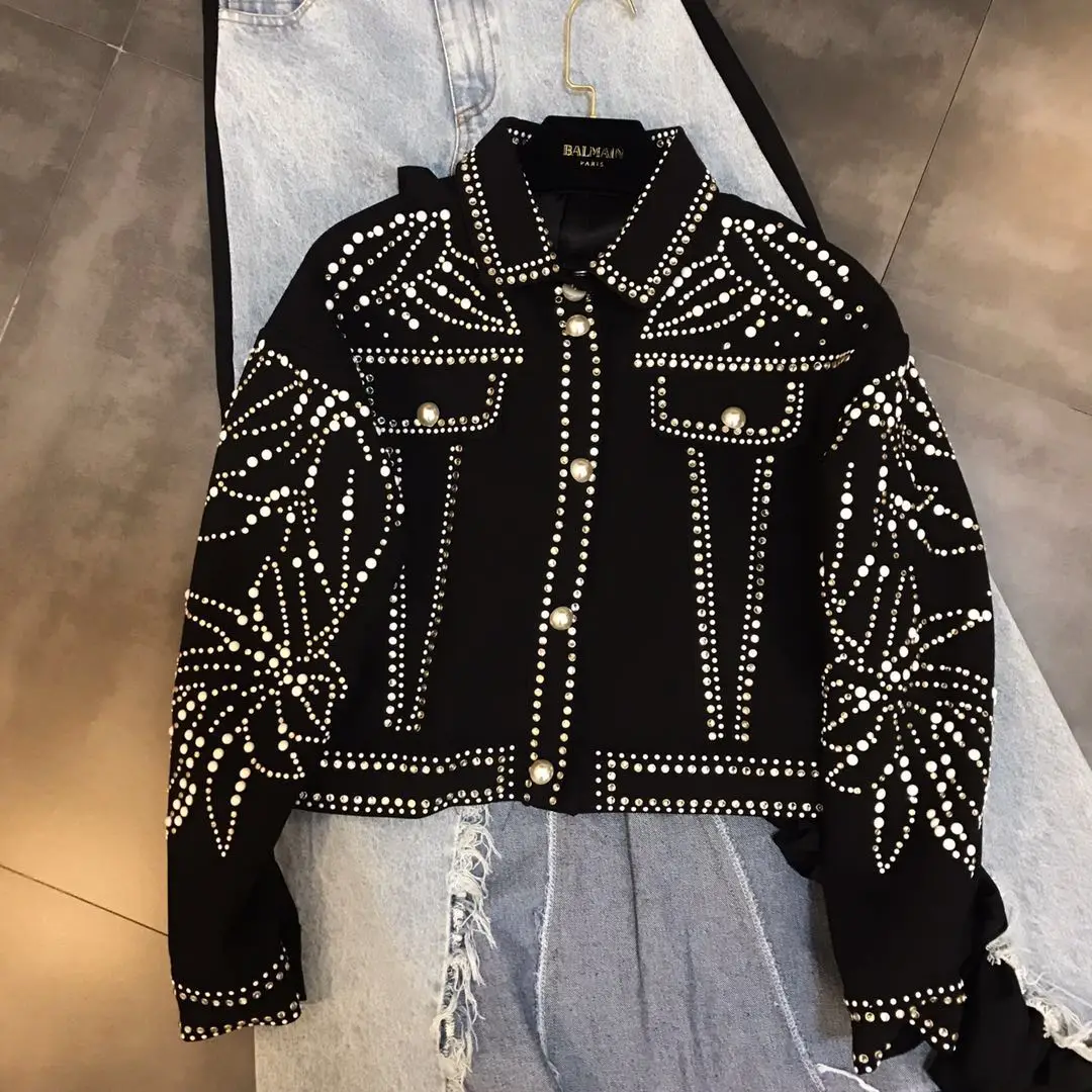 

Casaco Promotion Full Bomber 2018 Autumn New Women's Jacket Ceramic Nail-studded Heavy Industry Leaf Figure Trend Street Female