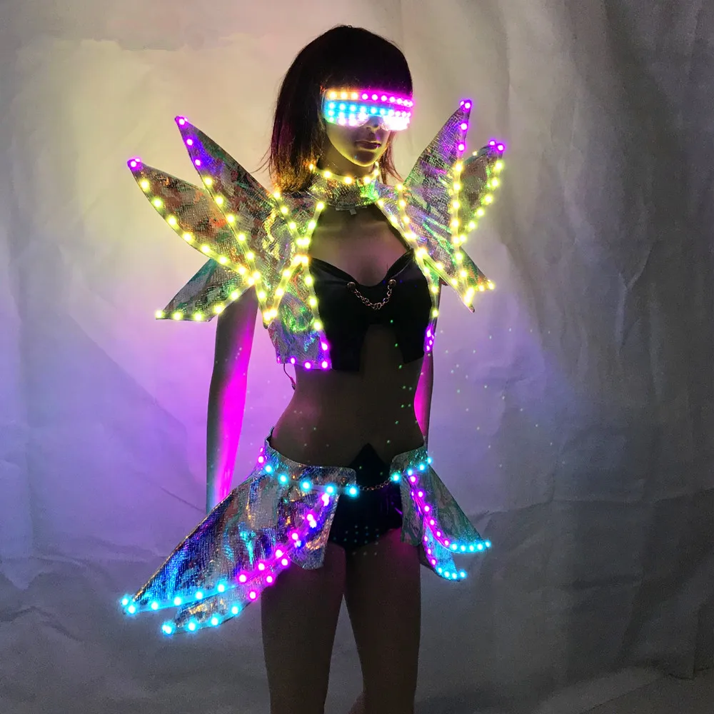 

LED Clothing Lady Clothes Fashion Glowing Women Bra Shorts Alice shoulder Armor Suits Ballroom Dance Dress