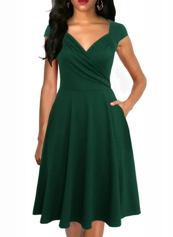 Berydress, женское платье с коротким рукавом и рюшами, в горошек, а-силуэт, пышное, свободное, приталенное, Vestidos, для свадьбы, вечеринки, летнее, расклешенное платье с карманом - Цвет: Зеленый