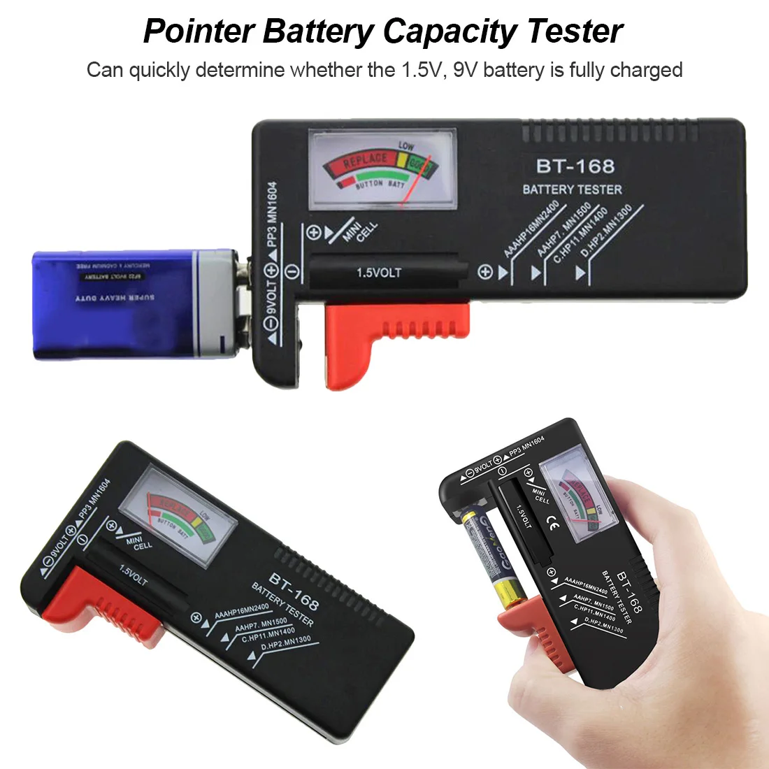 

Power supply tester 9V Button Multiple Size Battery Tester Charge indicator Pointer battery capacity tester BT168 battery tester