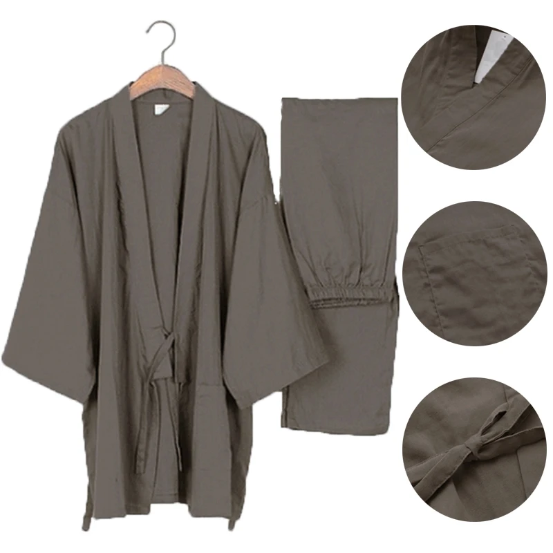 Японские кимоно пижамные комплекты детская одежда мужской халат 2 шт./компл. повседневных халатов, одежда для сна, свободные трусы, высокая посадка, удобные хлопковые пижамы Hombre