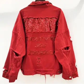 

Denim Jacket Women Basic Coat 2020 Autumn Holes Short Sequin Jeans Jacket Harajuku Fashion Jeans Coat