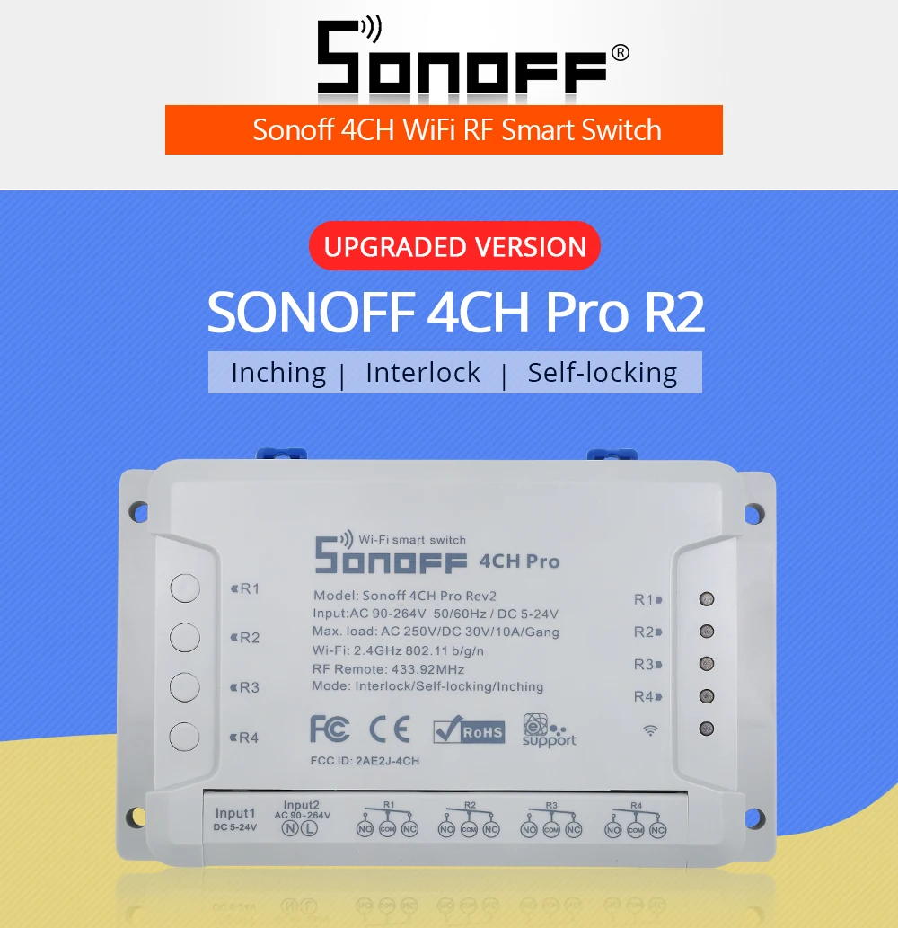 Sonoff 4ch R2 PRO Smart Switch 4 канала 433 МГц 2,4 г Wifi Пульт дистанционного управления умная Автоматизация модули 10A бытовая техника