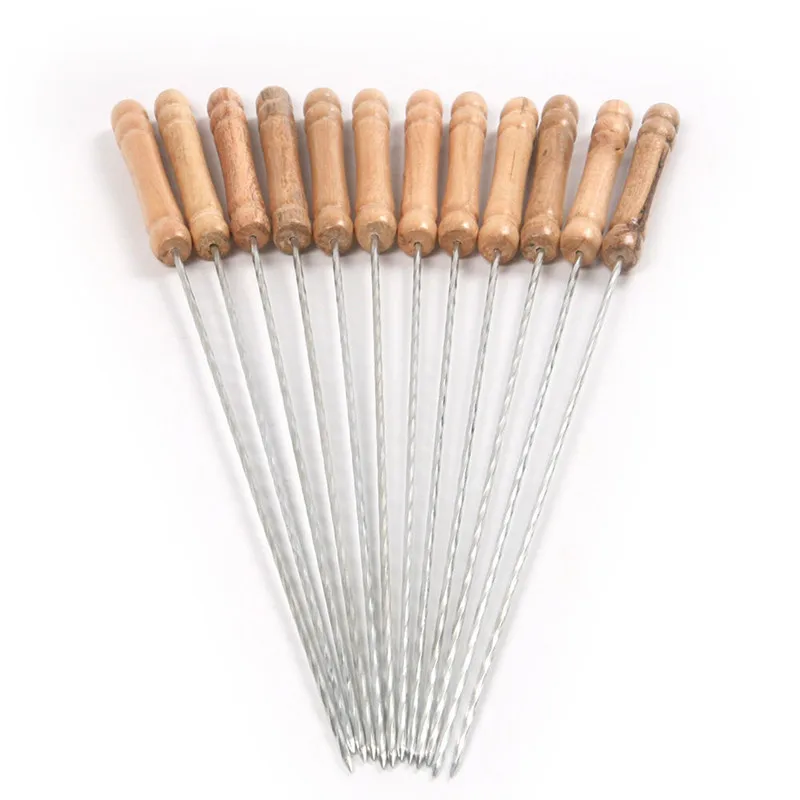 

6pcs Stainless Steel BBQ Tools Flat Barbecue Stick BBQ Roasting Needle with Wooden Handle Skewers Outdoor Camping BBQ Forks