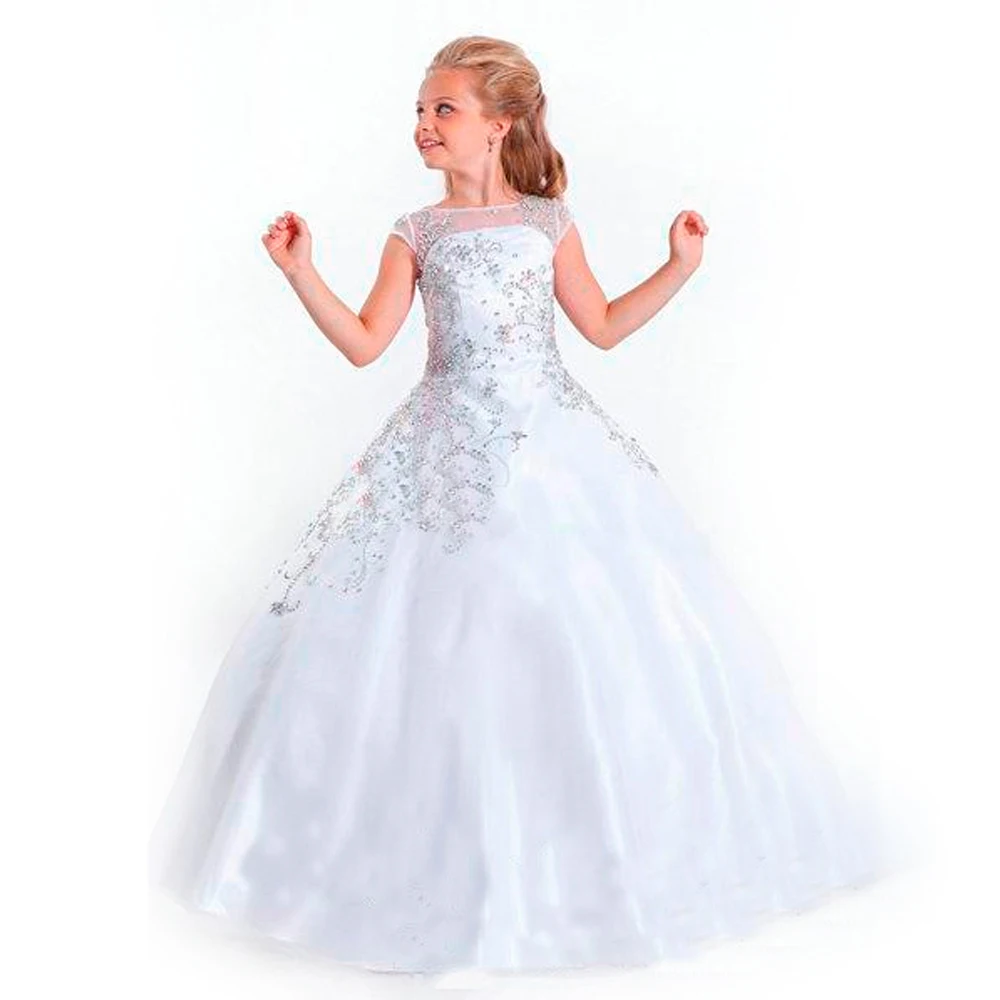 

Hot Girls Pageant Dress 2016 White Ankle Length Appliques Ball Gown White O-Neck Short Sleeves Flower Girl Dresses for Weddings