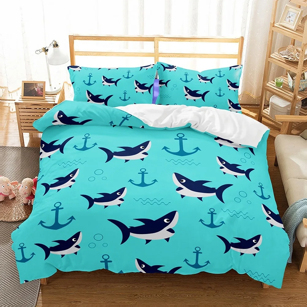 

Anchor Wave Pattern 100% Microfiber Blue/Black/White Shark Bedding Set Cartoon Kids Duvet Cover Set 3 Pieces with 2 Pillow Sham