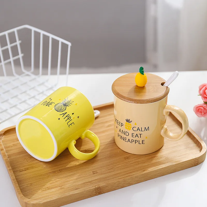 New summer pineapple fruit ceramic mug with spoon lid,Tea Milk Cups and Mugs Creative Drinkware Couple Mug For Gift 450ml