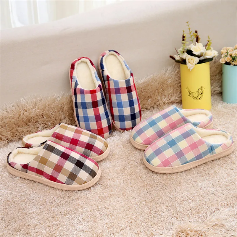 

Women Mens Slippers Indoor Winter Cotton Fabric Home Slippers Leisure Casual Lattice Indoor Slippers Shoes Pantuflas Pantofole