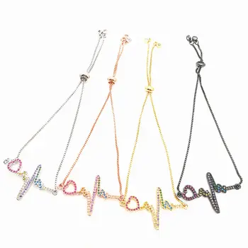 

10pcs/lot New Design Paved Rainbow Cubic Zirconia Heart Beat Link Chain Bracelet Adjustable Rainbow Jewelry