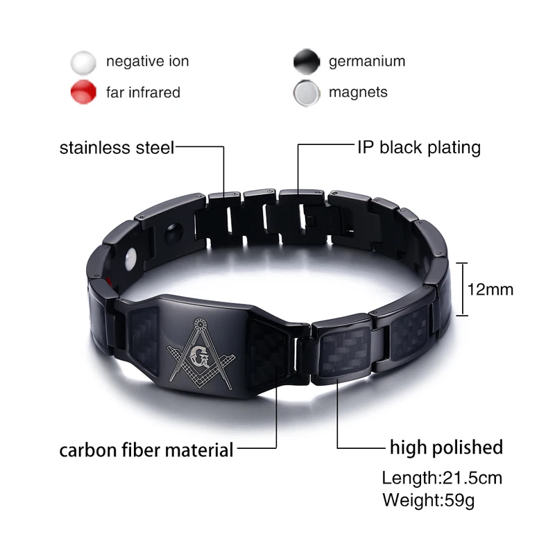 Masonic Black Magnetic Bracelet Men Stainless Steel Hand Chain ID Carbon Fiber High Magnet Health Energy Jewelry Male Waterproof