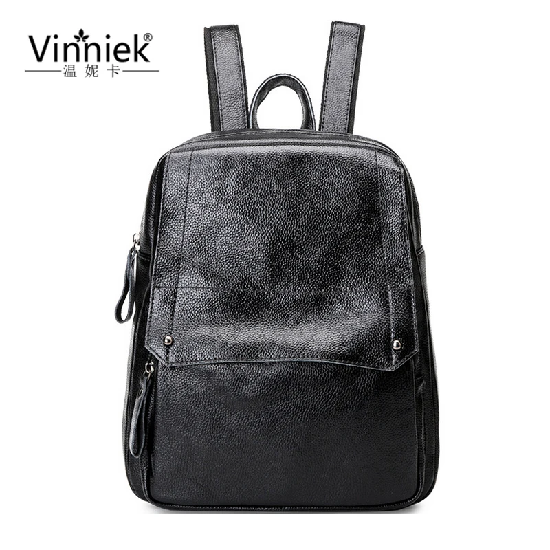 Vinniek Women Backpack Fashion Female School Bags For Teenage Girl Black Cowhide PU Leather Backpacks 2017