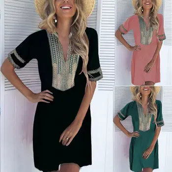 

Women Elegant V-Neck Cotton Linen Dress 2019 Summer Print Mini Dresses Casual Short Sleeve Beach Robe Dress Femme