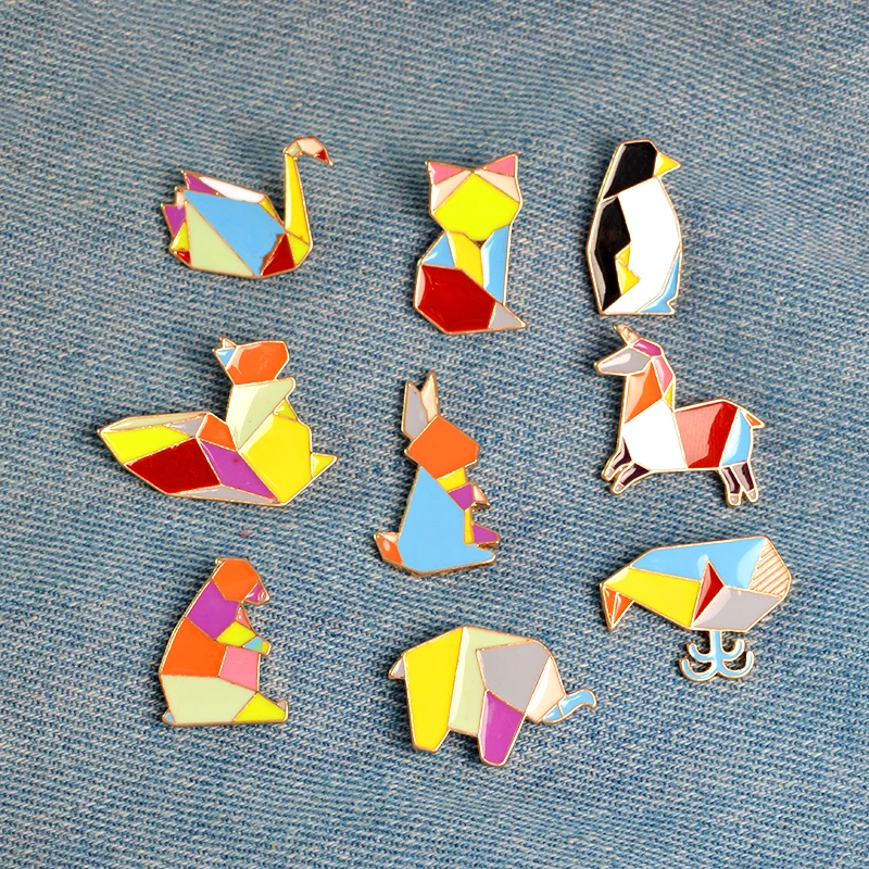

9pcs/set Origami Paper Folding Animal Enamel Lapel Pin Tangram Elephant Rabbit Bunny Bear Squirrel Whale Fish Penguin Fox Design