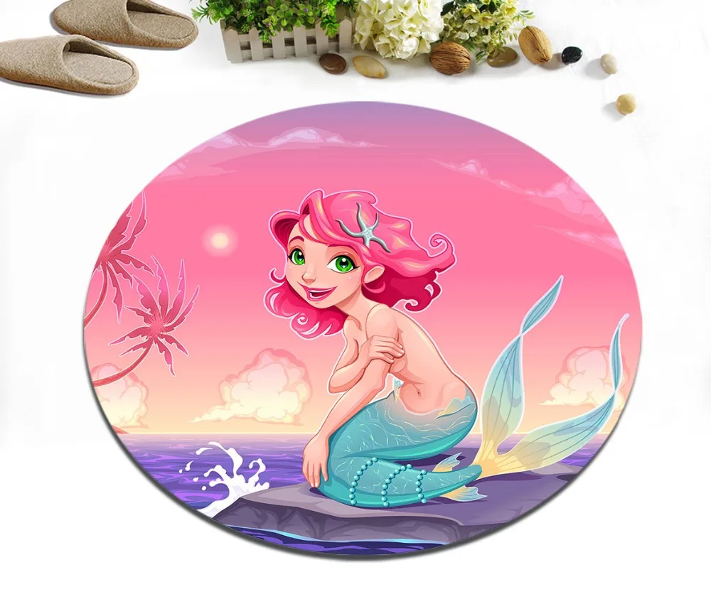 

The Mermaid Sat On The Sea Rock Round Bedroom Floor Area Rugs Children's Room Carpets Bathroom Non-Slip Cushion Kitchen Door Mat