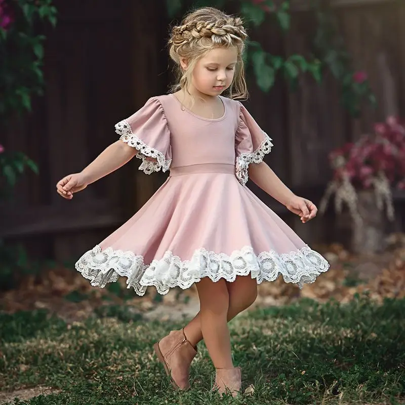 

Girls Princess Dresses Toddler Kids Baby Girls Dress Lace Princess Round Neck Short Sleeve Pink Dress Birthday Party Dress