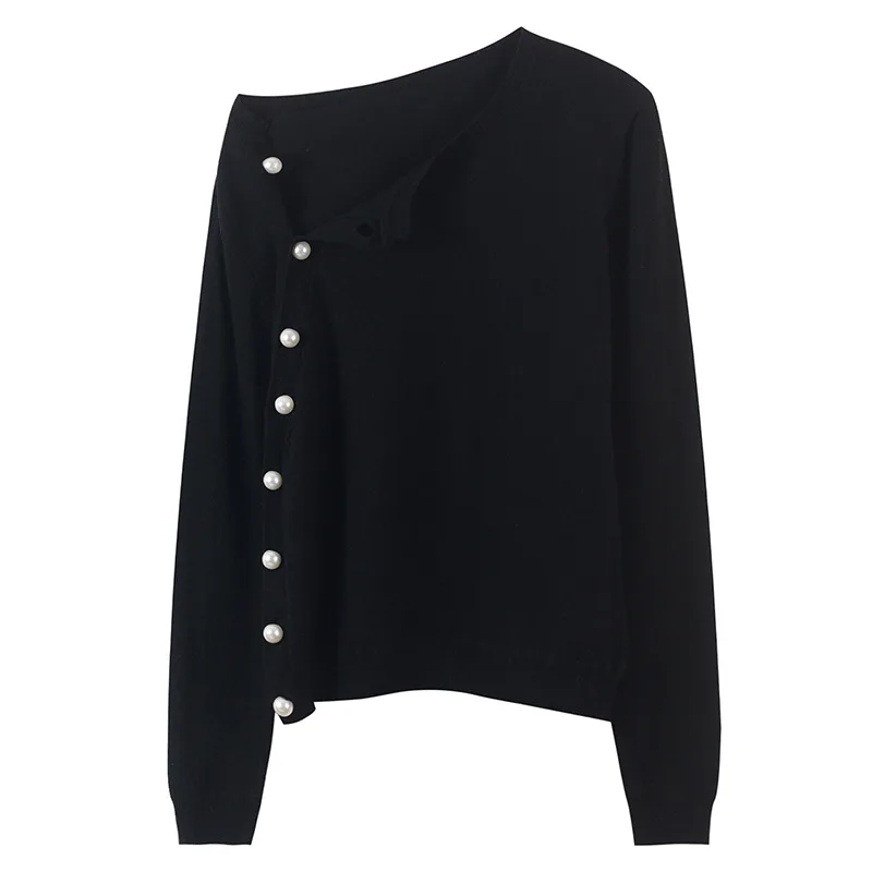 

Spring New Stylish 2019 Black Pearl Button One Shoulder Long Sleeve Top Woman Irregular Oblique Knitted Cardigan Sweater