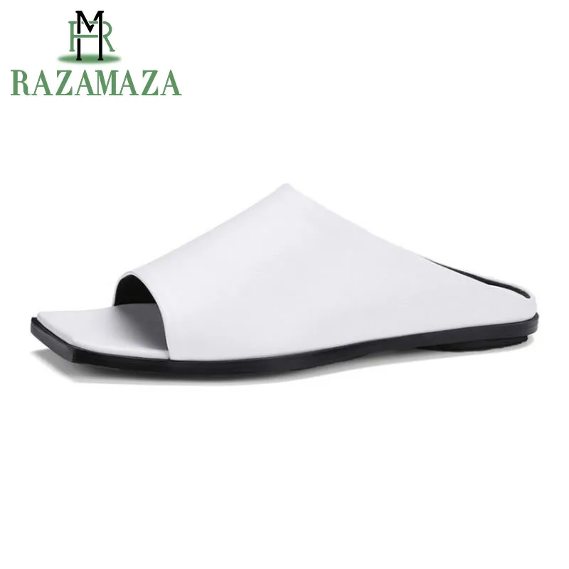 

RAZAMAZA Quality Women Sandals Genuine Leather New Summer Shoes Women Designer Square Open Toe Brief Flats Slippers Size 34-39