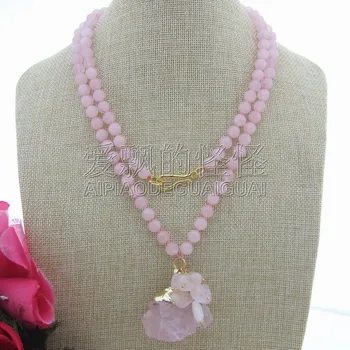 

N060803 40'' 8mm Round Rose Crystal Necklace Rough Pendant