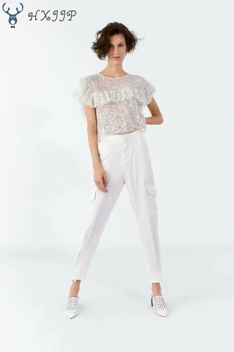 

HXJJP 2019 Women Sequins T-shirt Woman Ruffles Short Sleeve O Neck Fashion Casual Loose New Festival Top Tee Shirt