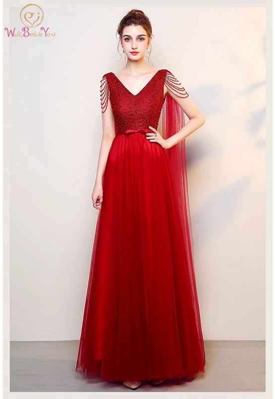 

Red Sexy Evening Dress 2019 New Style Arrival Elegant Novel Party Summer Long Sleeveless Beaded Top V Neck Tulle Floor Length