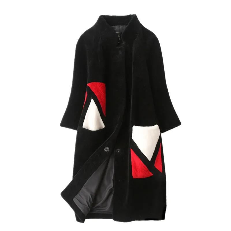 AYUNSUE, женское меховое пальто, зимняя куртка, женская,, натуральная овчина, меховые пальто, длинные, теплые, Настоящая Шерсть, куртки, пальто 6803 - Цвет: Black KQN