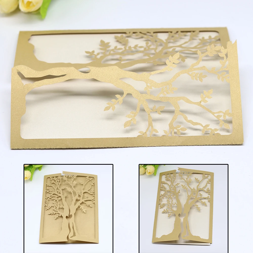 

10pcs Easter Golden leaf tree Laser Cut Wedding Invitations Card Elegant Wedding Envelopes Event Party Wedding Decoration